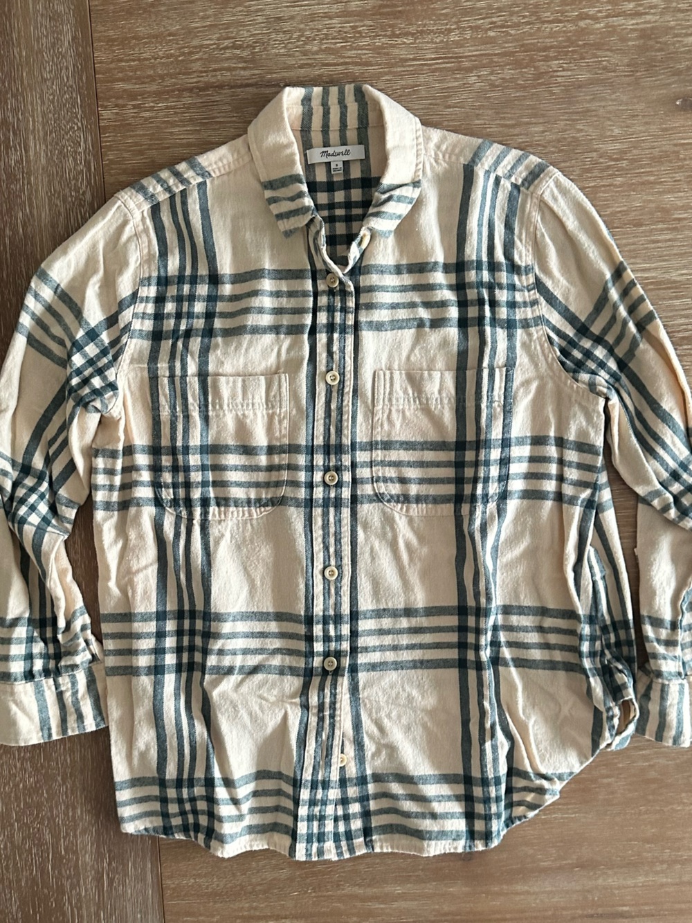 Madewell Women’s Cream & Dark Green Plaid Button-Down Shirt